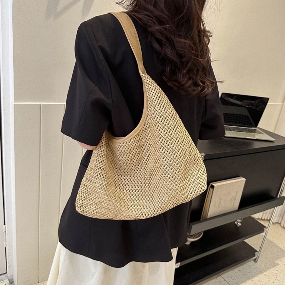 Beach Bag Straw - Simple Solid Color Weave Straw Bag