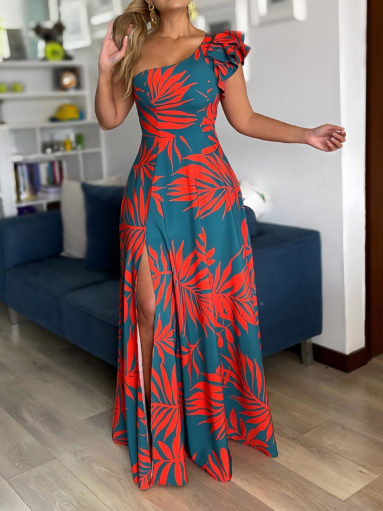 Zara Summer Clothing For Women - One Shoulder Tropical Print Maxi Dress