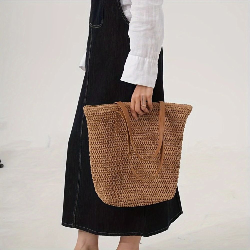 Beach Bag Straw - Casual Solid Color Weave Straw Tote