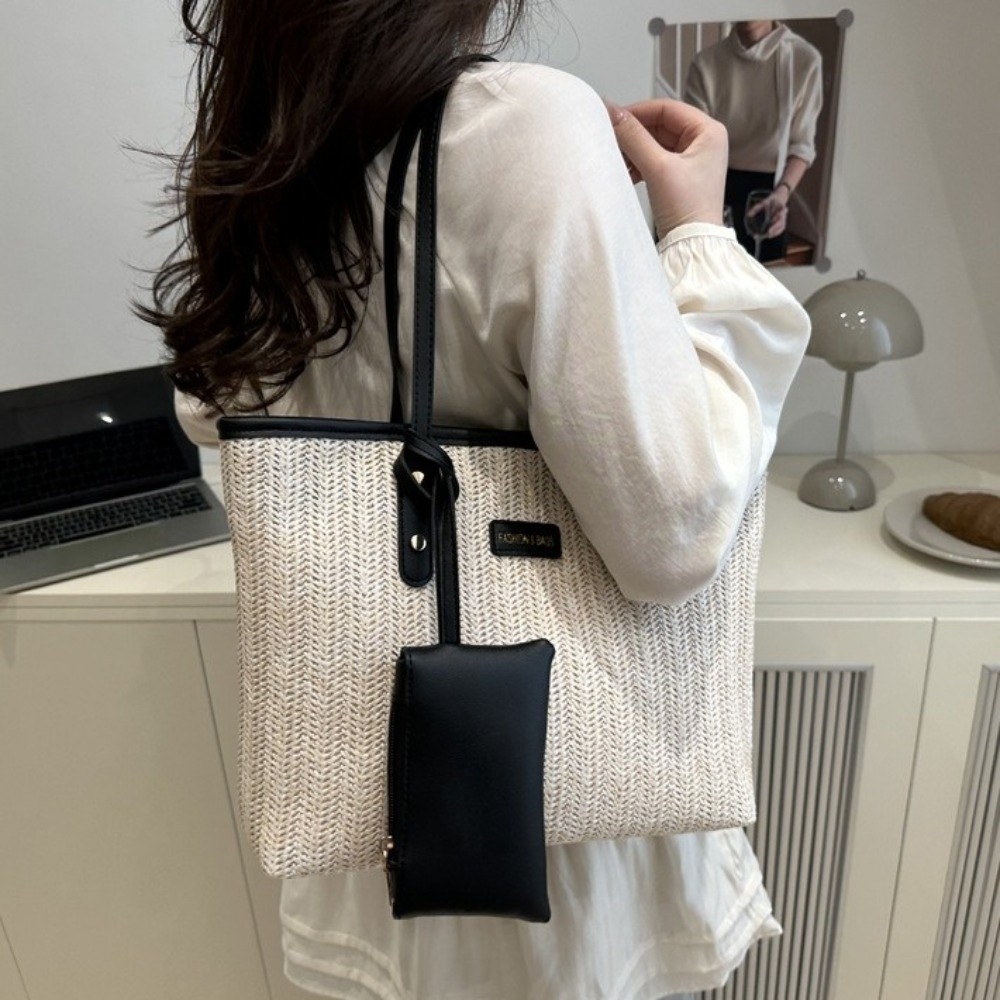 Beach Bag Straw - Simple Solid Color Weave Tote Bag