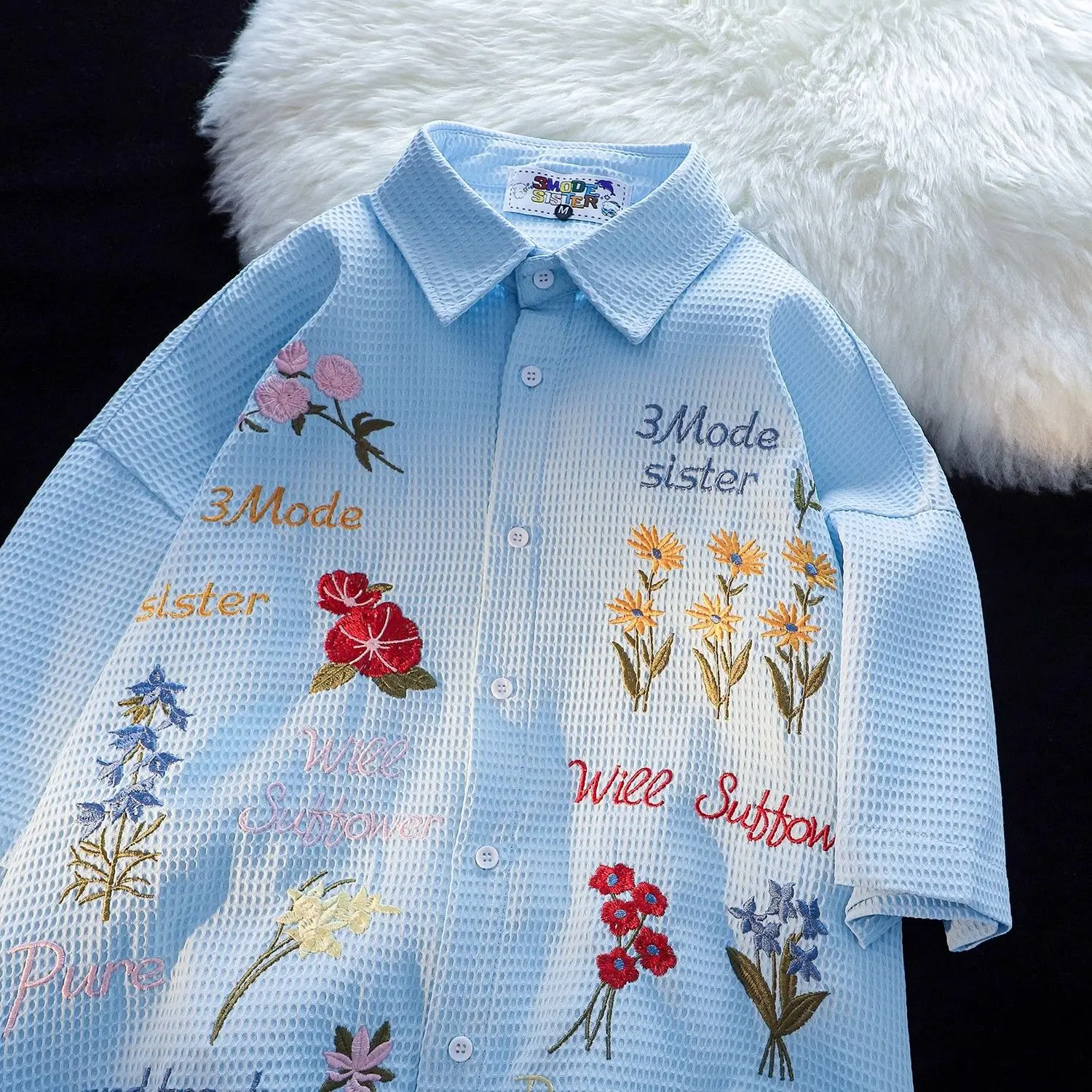 Waffle Floral Embroidery Shirt - Summer Holiday Clothing Women のレビューと価格