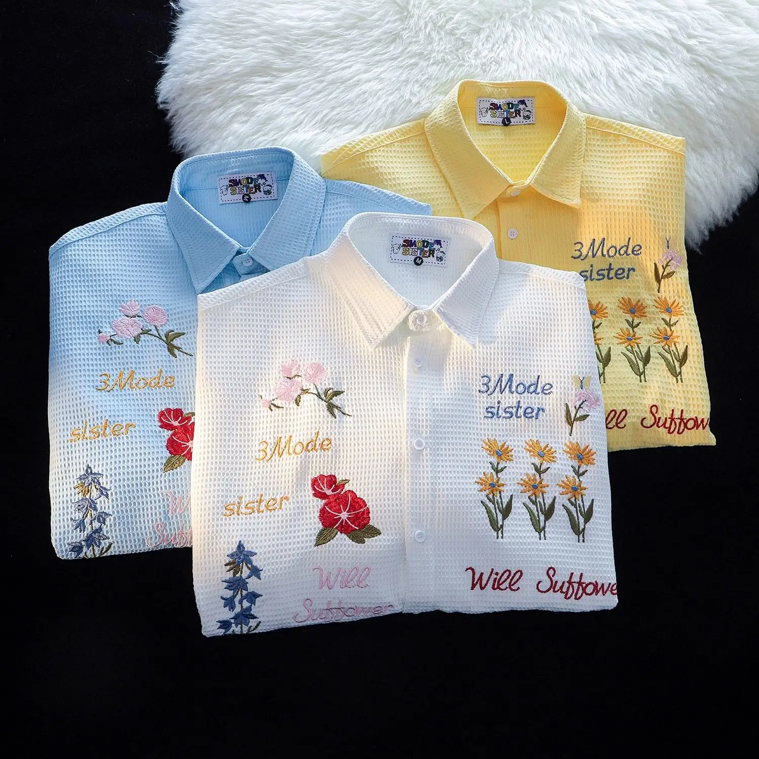 Waffle Floral Embroidery Shirt - Summer Holiday Clothing Women のレビューと価格