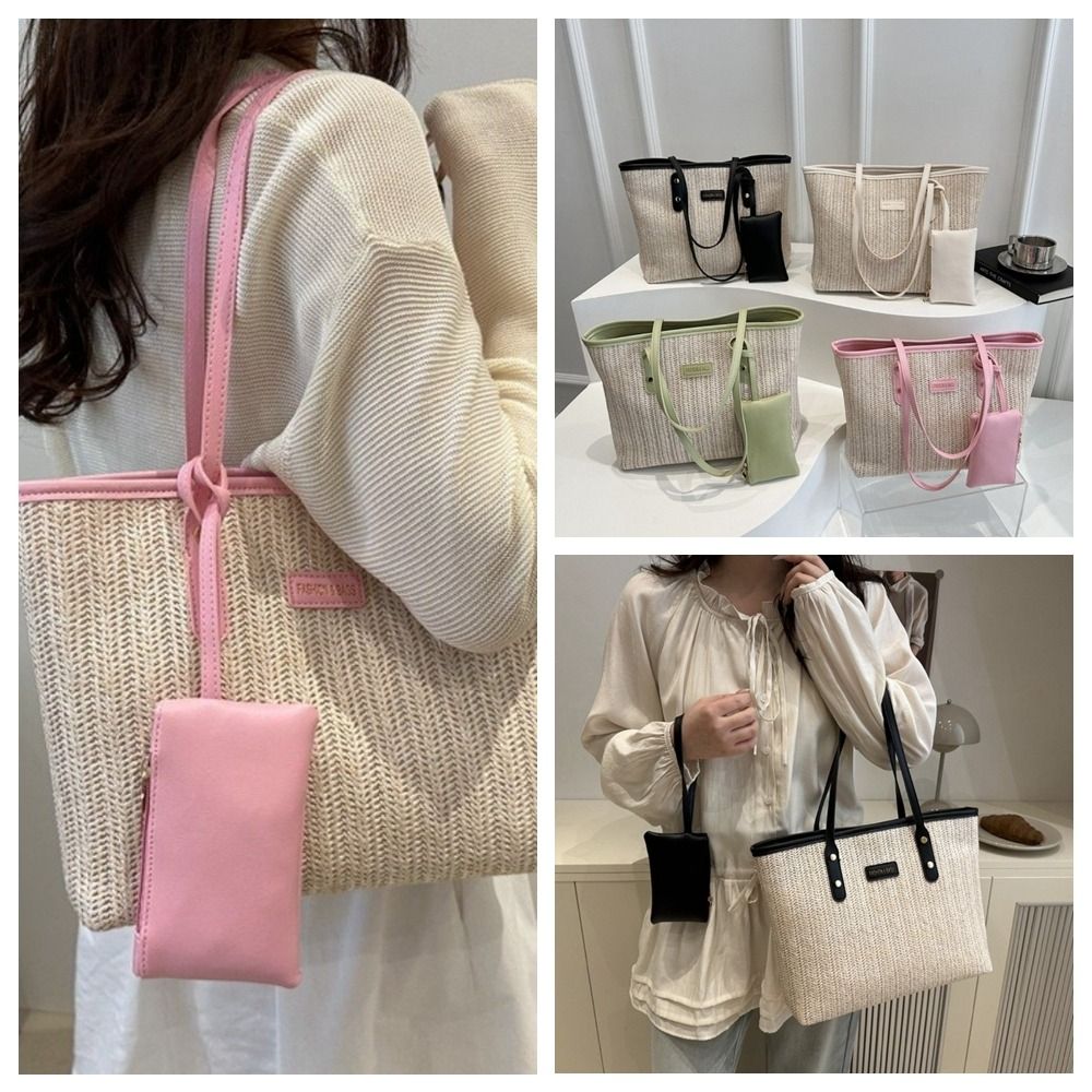 Fashion Solid Color Weave Tote - Beach Bag Straw のレビューと価格