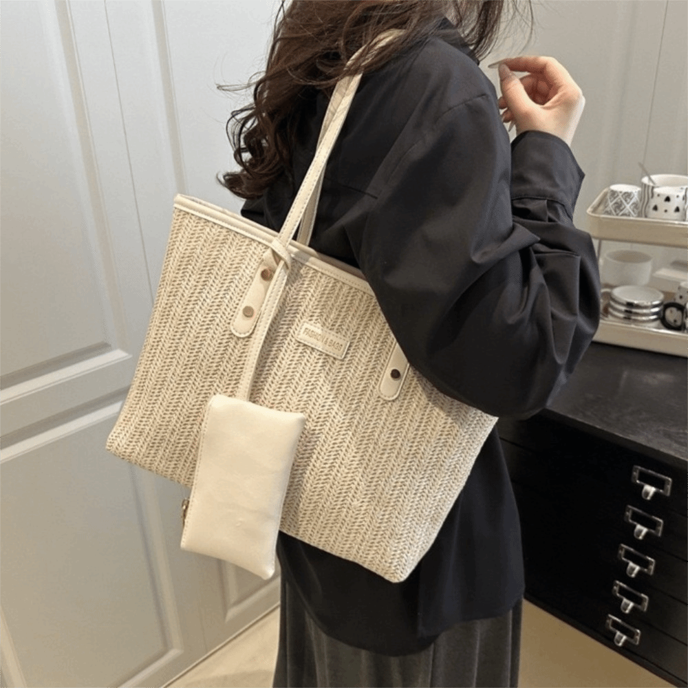 Fashion Solid Color Weave Tote - Beach Bag Straw のレビューと価格