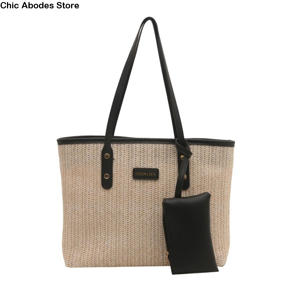 Casual Solid Color Weave Tote  - Beach Bag Straw のレビューと価格