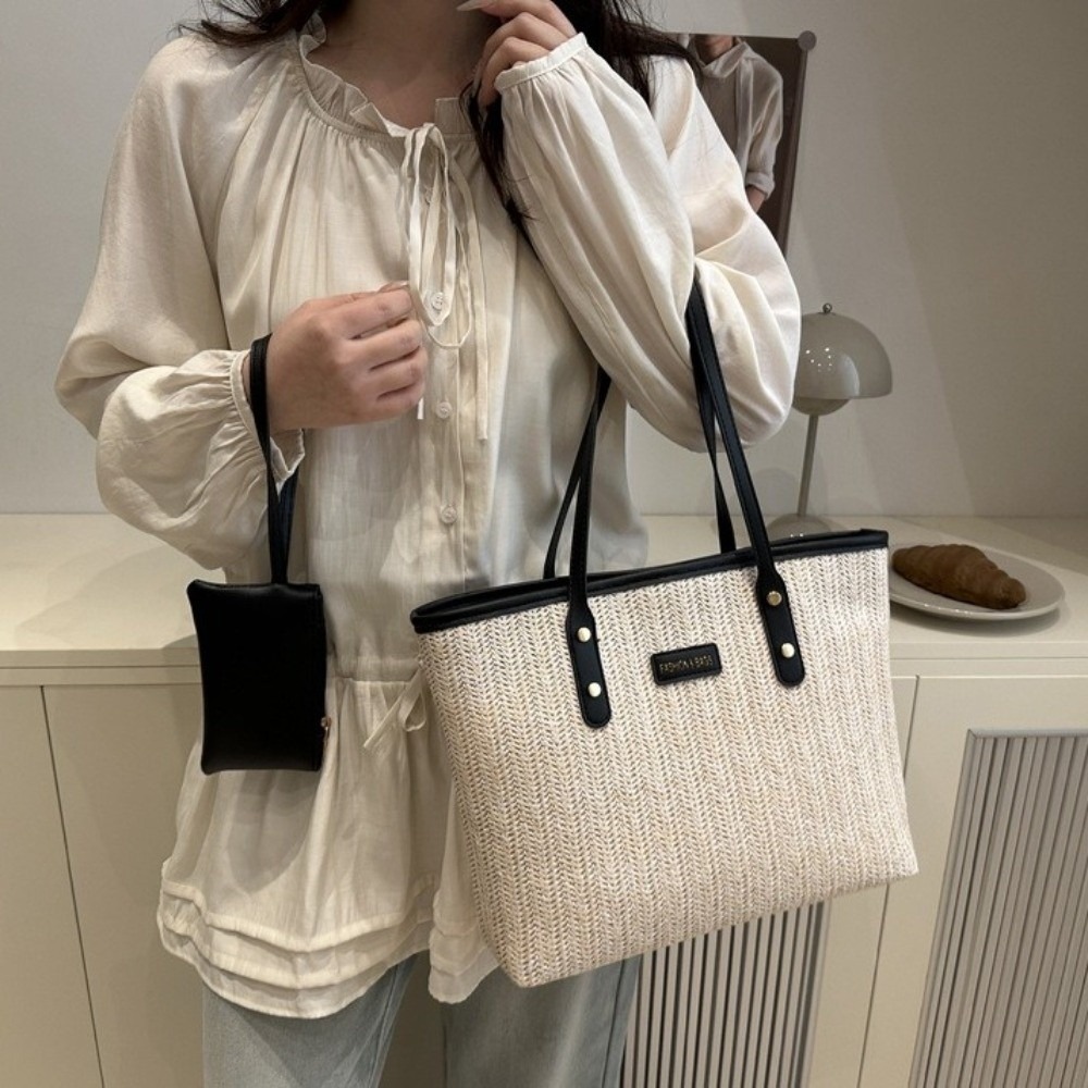 Casual Solid Color Weave Tote  - Beach Bag Straw のレビューと価格