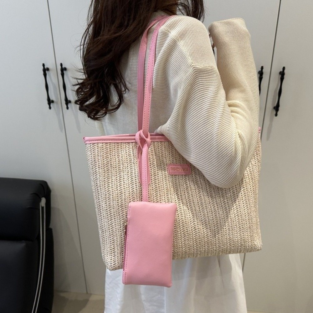 Simple Solid Color Weave Tote  - Beach Bag Straw のレビューと価格