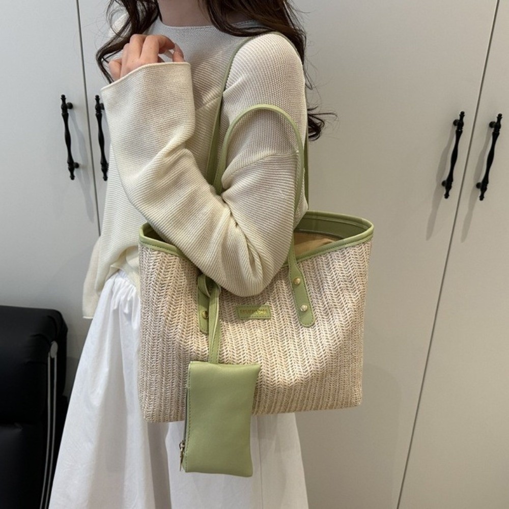 Simple Solid Color Weave Tote  - Beach Bag Straw のレビューと価格