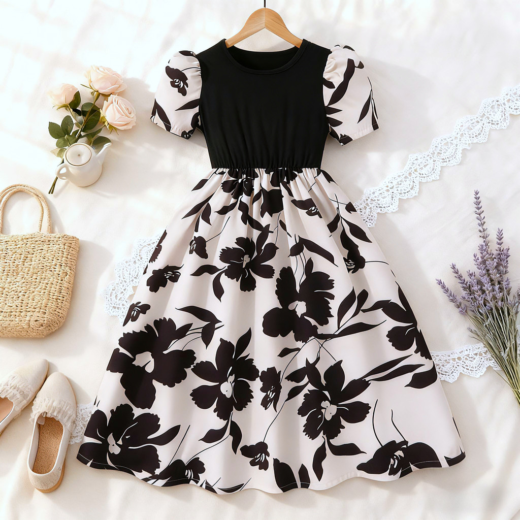 New Children Black Floral Dres - Summer Clothing For Teen Girls のレビューと価格